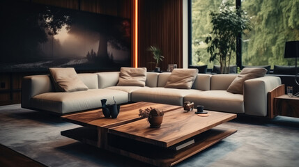 Interior design of modern living room, Wooden coffee table and two velvet sofas.