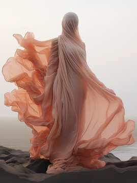 Mysterious silhouette swathed in undulating coral fabric on a foggy beach morning. Generative AI.