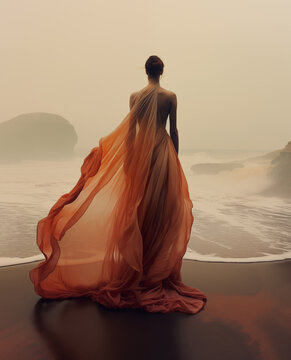 Back view of woman in a sheer orange veil overlooks a misty coastline, embodying ethereal elegance. Generative AI.