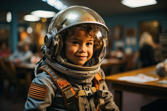 Generative AI image of portrait of smiling kid astronaut with curly hair in spacesuit and wearing reflecting helmet while looking away and sitting near desk against blurred office