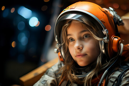Generative AI image of portrait of smiling kid astronaut with light hair and green eyes in spacesuit and wearing helmet while looking away and sitting against blurred dark background with lights