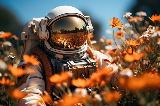 Generative AI image of anonymous astronaut in spacesuit and wearing reflecting helmet while standing among blurred flowers in daylight