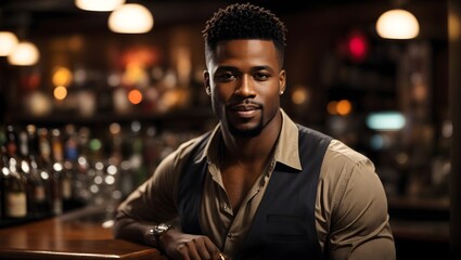 Step into the atmosphere of a trendy bar with a charismatic man at its heart, adding sophistication and class to your design projects