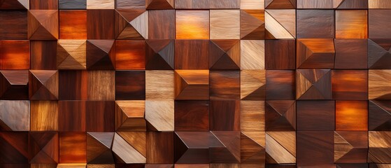 Abstract brown wooden glazed glossy deco glamour mosaic tile wall texture with geometric shapes - Wood background illustration - obrazy, fototapety, plakaty