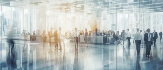 The silhouettes of corporate workers in a contemporary office with frosted glass surroundings. Business people in a modern office. Toned image double exposure blurred - obrazy, fototapety, plakaty