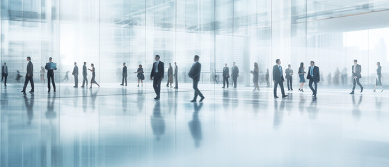 The silhouettes of corporate workers in a contemporary office with frosted glass surroundings. Business people walking in a modern office building, panoramic banner - obrazy, fototapety, plakaty