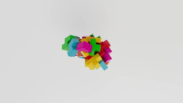 Brain concept with multicolored blocks shattering in pieces and building back together as a brain shape, mental health concept.