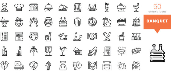 Set of minimalist linear banquet icons. Vector illustration - obrazy, fototapety, plakaty