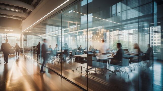 Business personnel appear out of focus within a modern office space featuring translucent glass. Business people in a meeting room with panoramic windows and city view, out of focus panoramic banner