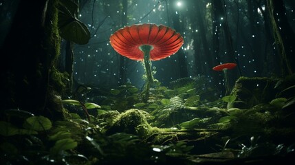 A Radiant Rafflesia glowing like a beacon in the middle of a dense, emerald green jungle.