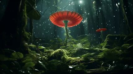 Afwasbaar fotobehang A Radiant Rafflesia glowing like a beacon in the middle of a dense, emerald green jungle. © Anmol