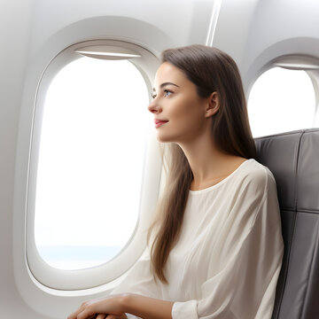 woman gazing at airplane window isolated on transparent or white background, png
