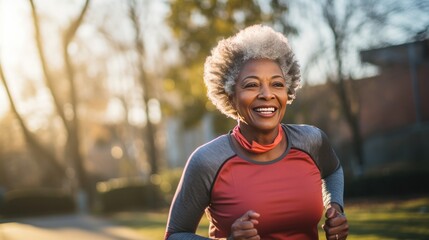  Black senior woman going for a run and living a healthy lifestyle for longevity, generative ai.
