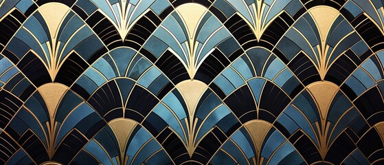Abstract luxurious deco glamour wall wallpaper illustration background with gold blue black geometric 3d egyptian shell shapes print texture - obrazy, fototapety, plakaty