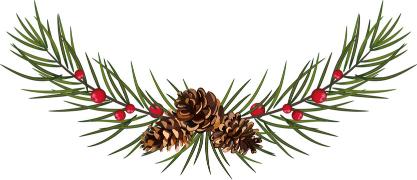 Christmas decorations plants realistic composition with green tree branches and pine cones vector illustration. Eps 10