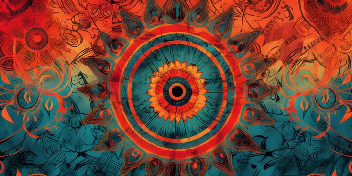 mandala colorful dark eyes vintage art, ancient Indian vedic background design, old painting texture with multiple mathematical shapes.
