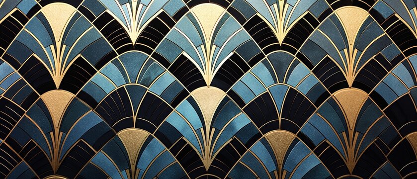 Abstract luxurious deco glamour wall wallpaper illustration background with gold blue black geometric 3d egyptian shell shapes print texture