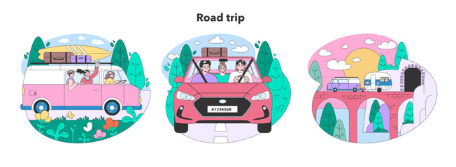 Fototapeta na wymiar Road trip set. Young people or family going on vacation by a car. Characters driving automobile on holidays, traveling the world together. Flat vector illustration