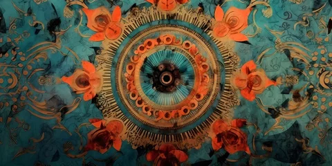 Photo sur Plexiglas Style bohème mandala colorful dark eyes vintage art, ancient Indian vedic background design, old painting texture with multiple mathematical shapes. 