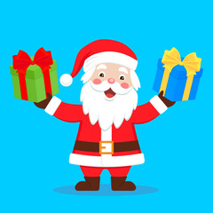 Cute Santa Claus with gift boxes. Color vector illustration in cartoon flat style.