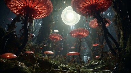 A Radiant Rafflesia in a mystical, fantastical forest, radiating an otherworldly light.