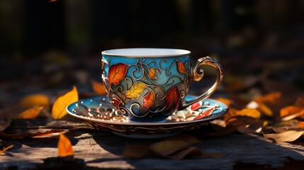 Vintage fantasy magic patterns turquoise porcelain teacup, antique tea coffee cup mug, Teacup, Beautiful Autumn leaves, Perfect Gold, Ornate Handle, outdoor, nature background