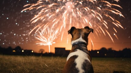 Dogs Scared of Fireworks. Tips For Dogs That Are Afraid Of Fireworks. Ways to Calm Dog During Fireworks - obrazy, fototapety, plakaty