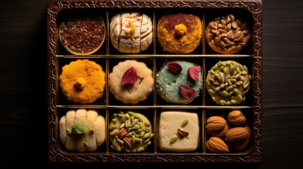 Diwali box consists of Indian sweets. Assorted Diwali Sweets Gift Box. Diwali Deepavali festive colorful bright traditional dishes and sweets in box, candles, flowers, lights