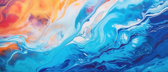Abstract marbled acrylic paint ink painted waves painting texture colorful background banner - Bold colors, color swirls waves - obrazy, fototapety, plakaty