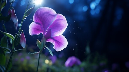 A radiant Starlight Sweet Pea flower blooming under the moonlight, petals glistening in the
