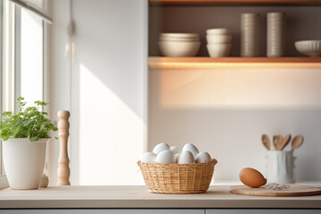 Fototapeta na wymiar A wooden bowl of white eggs on a granite kitchen counter.