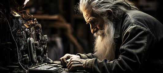 Old Man with Bird Working on Futuristic Technology Fixing