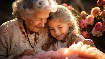 Lovley photo with grandmother and child hugging in flower garden - obrazy, fototapety, plakaty
