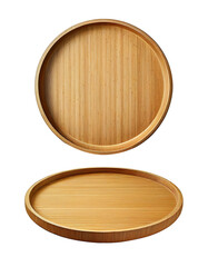 Empty rounded bamboo tray on transparent background
