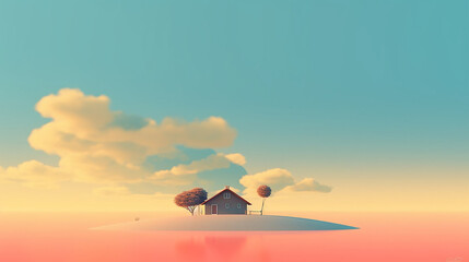 Minimal image of a little classic home in a huge sky background