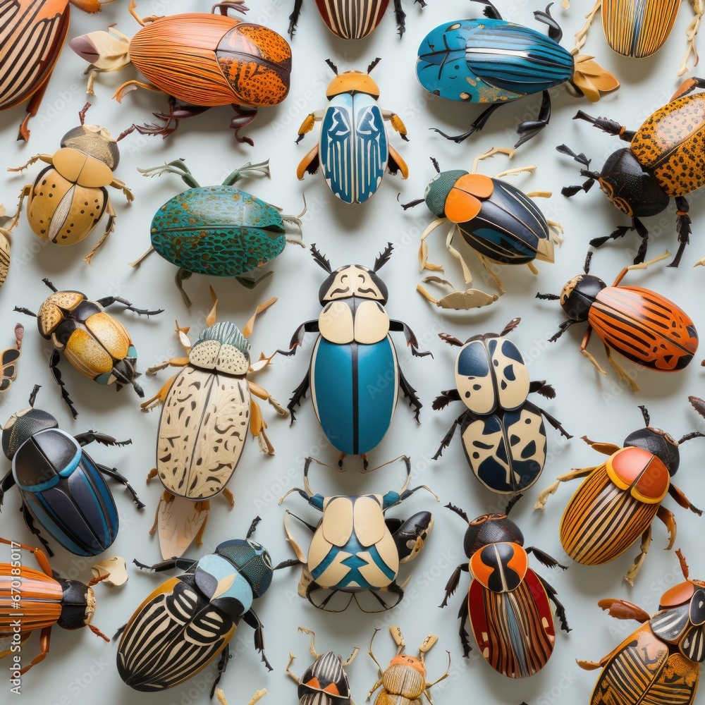 Poster a group of colorful paper bugs sitting on top of a white surface. generative ai.