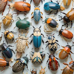 A group of colorful paper bugs sitting on top of a white surface. Generative AI.