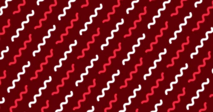 Glowing curved zigzag wavy lines moving diagonally over a red color background. geometric pattern. Simple wavy curved zig zag stripes Retro Art Design.