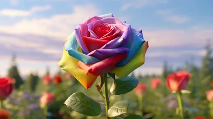 Foto op Plexiglas A Royal Rainbow Rose standing out in a field of green, vividly depicted. © Anmol