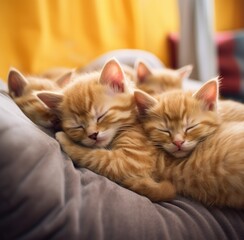 A group of red kittens sleeping on top of a couch. Generative AI.