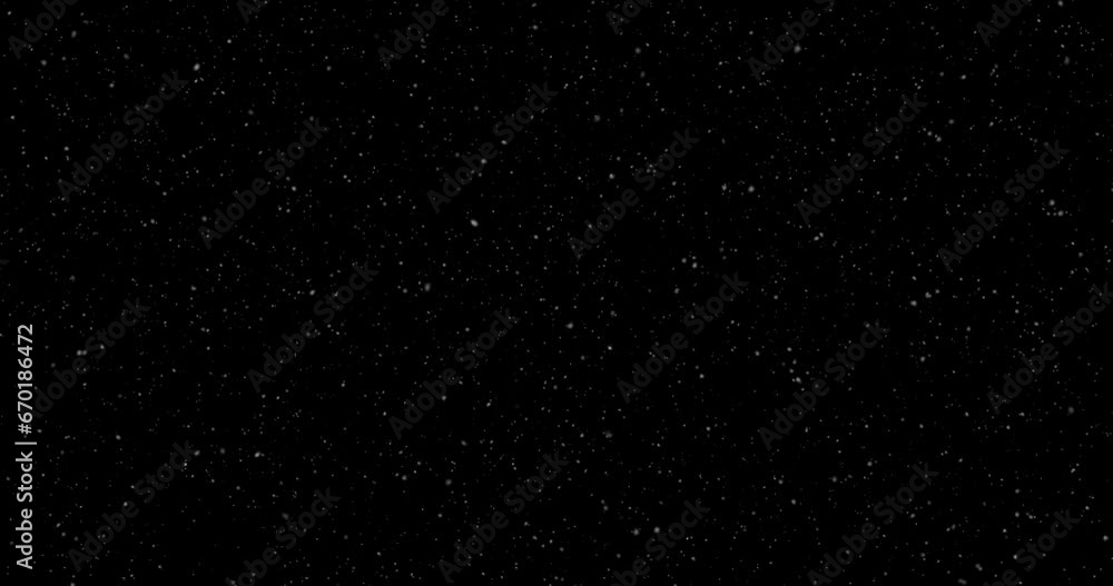 Poster realistic snowfall snowflakes slow motion falling on clean black loop background.