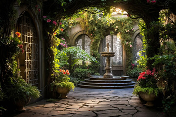 the eerie yet awe-inspiring atmosphere inside an ancient, long-forgotten ruin. You stand at the entrance of a massive stone structure, overgrown with moss and vines, nestled deep within a dense jungle