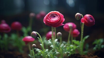 A Ruby Ranunculus bud just beginning to unfurl its delicate petals, showcasing every nuance in...