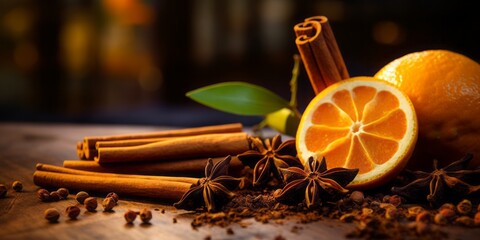 Aromatic Delights: Rustic Table Setting with Orange, Cloves, and Cinnamon Amidst Bokeh Elegance - Powered by Adobe