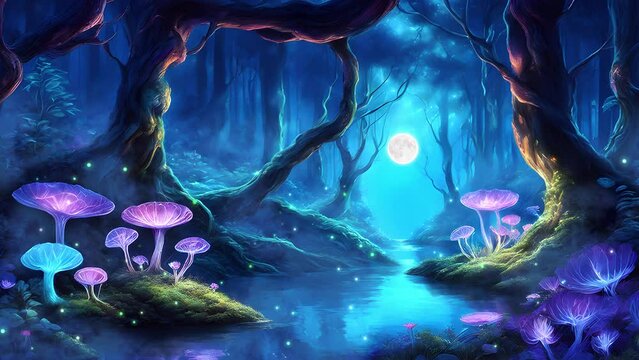 Fairytale Enchanted Forest with Glowing Mushrooms and Fireflies, Mist and Full Moon in the background. Animated Fantasy Scene -Seamless Loop