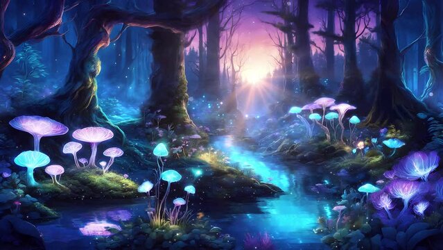Fairytale Enchanted Forest with Glowing Mushrooms, Mist and Sunset in the background. Animated Fantasy Scene -Seamless Loop