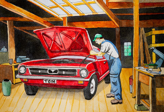 Watercolor on watercolor paper shows a car mechanic in a workshop repairing a red vintage car. In the style of the American 50s.