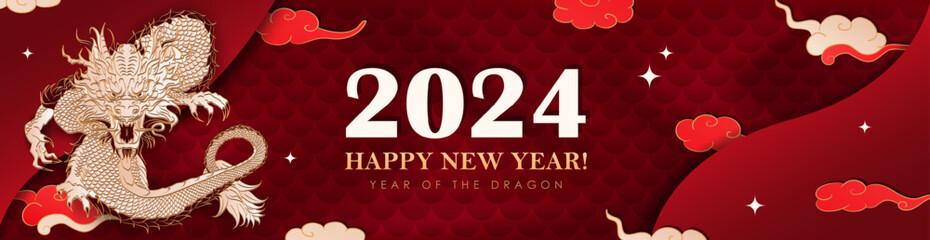 Red panoramic banner with hand drawn paper cut clouds, stars and golden Chinese dragon zodiac sign  for 2024 New Year. Layered header in asian style. Christmas craft billboard or greeting card - obrazy, fototapety, plakaty