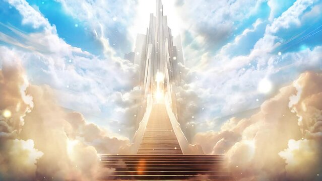 Stairs to heaven heading up to skies, bright light from heaven  concept art. Animated background illustration of stairs on the way to heaven