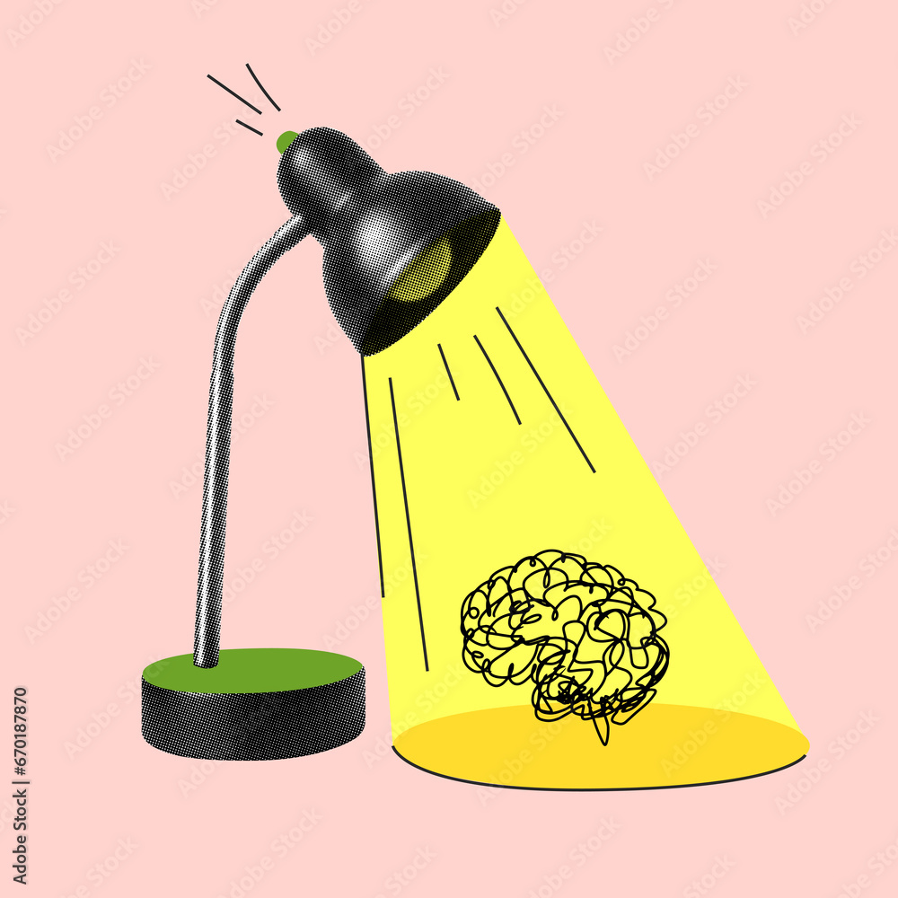 Wall mural Table lamp shines on the brain. Growing knowledge concept. Ideas. Learning and Innovation. Modern collage. Halftone design elements cut from newspaper. Inspiration. Creative thinking in business